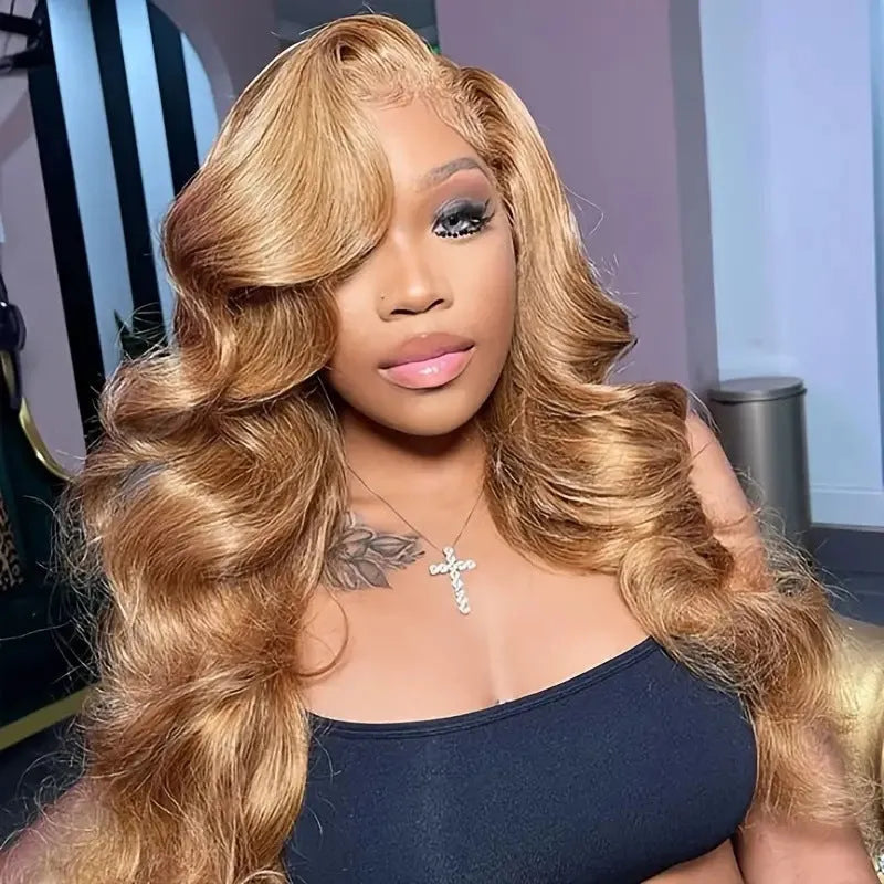 Light brown big wave synthetic wig with side bangs in European fashion style