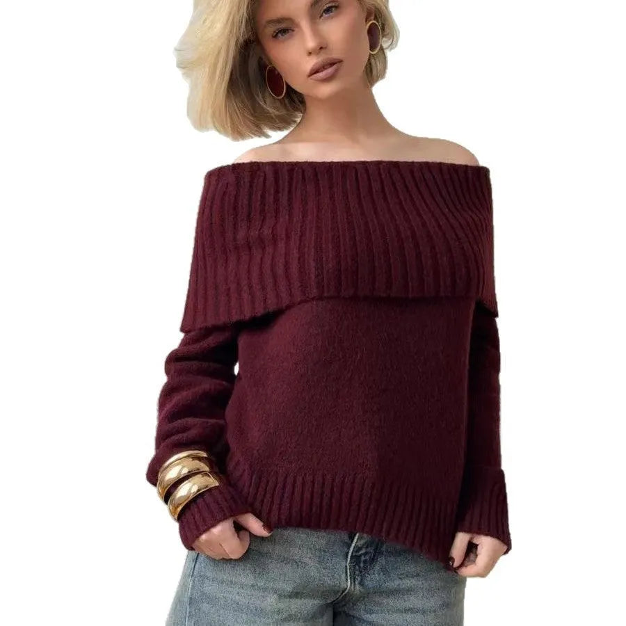 Off-the-shoulder women's sweater with 3D pattern in grey, white, or wine red colour options