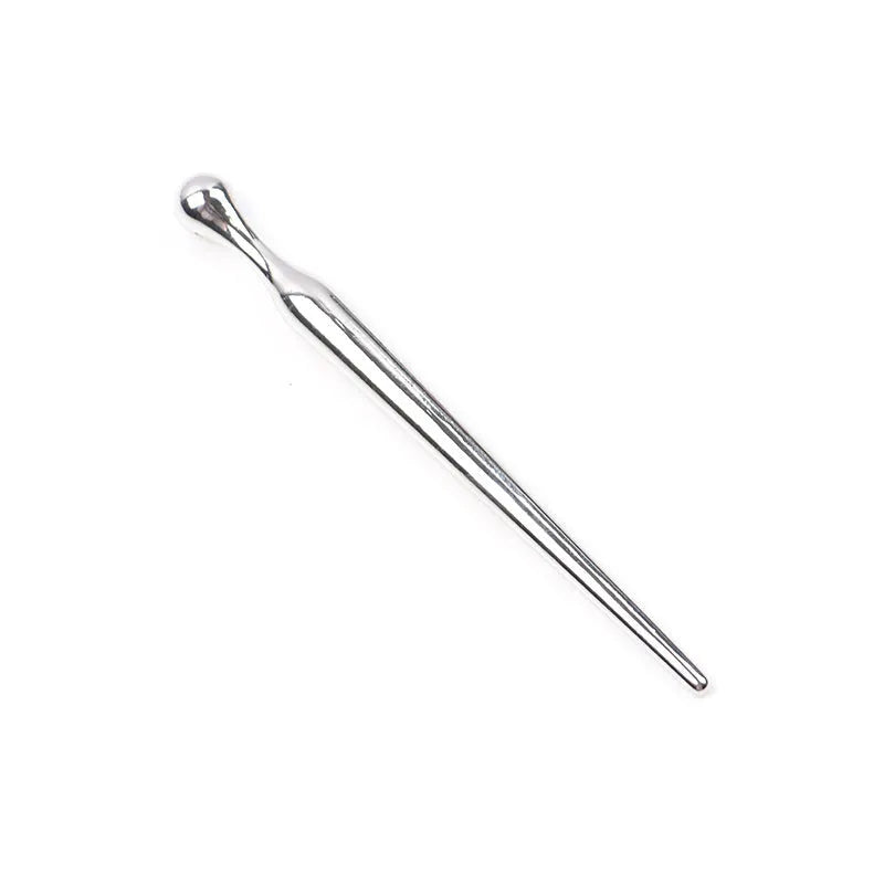 Silver stainless steel urethral plug stick with round beads and flared safety base