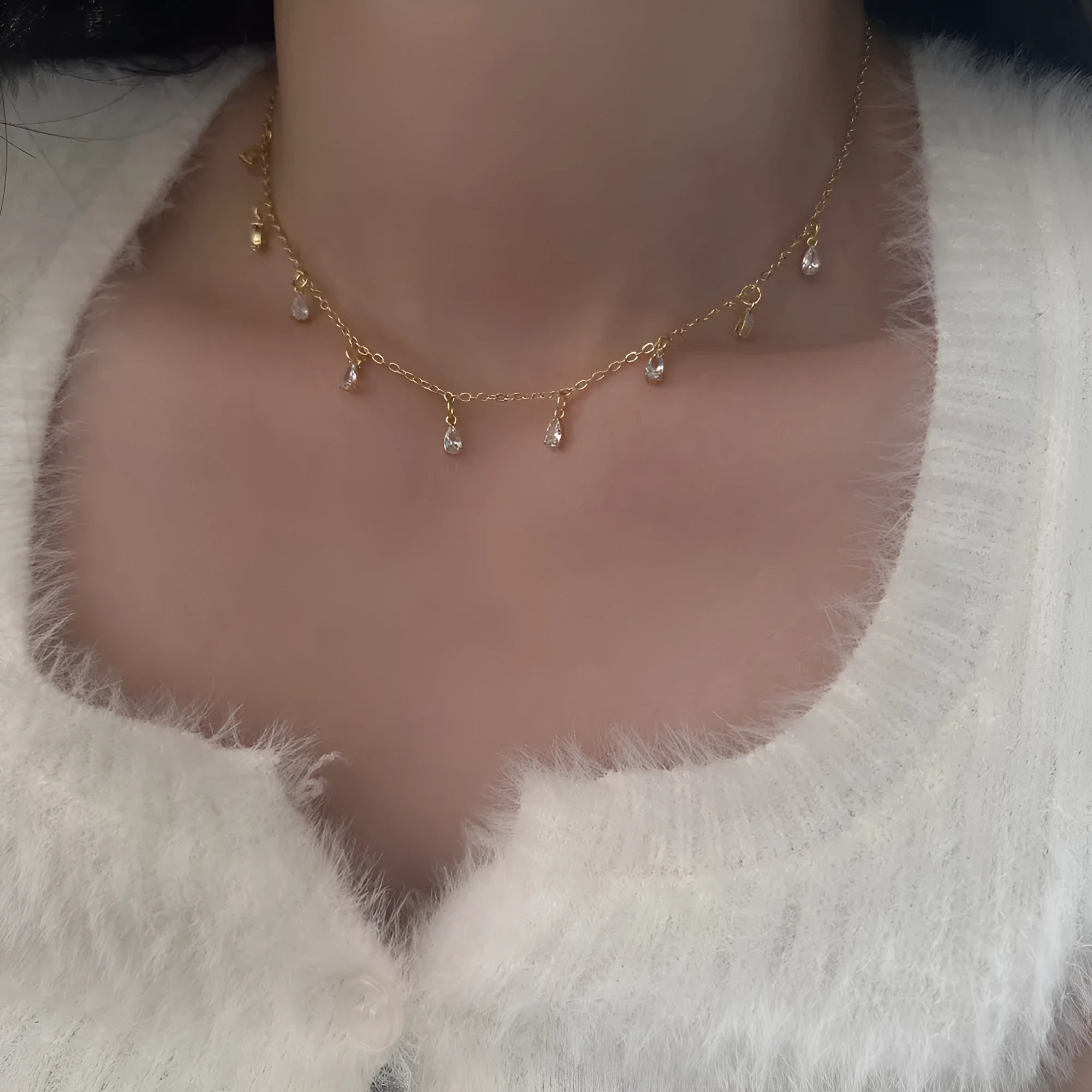 Women's zircon jewellery set with necklace, earrings, and anklet featuring geometric meteor shower design