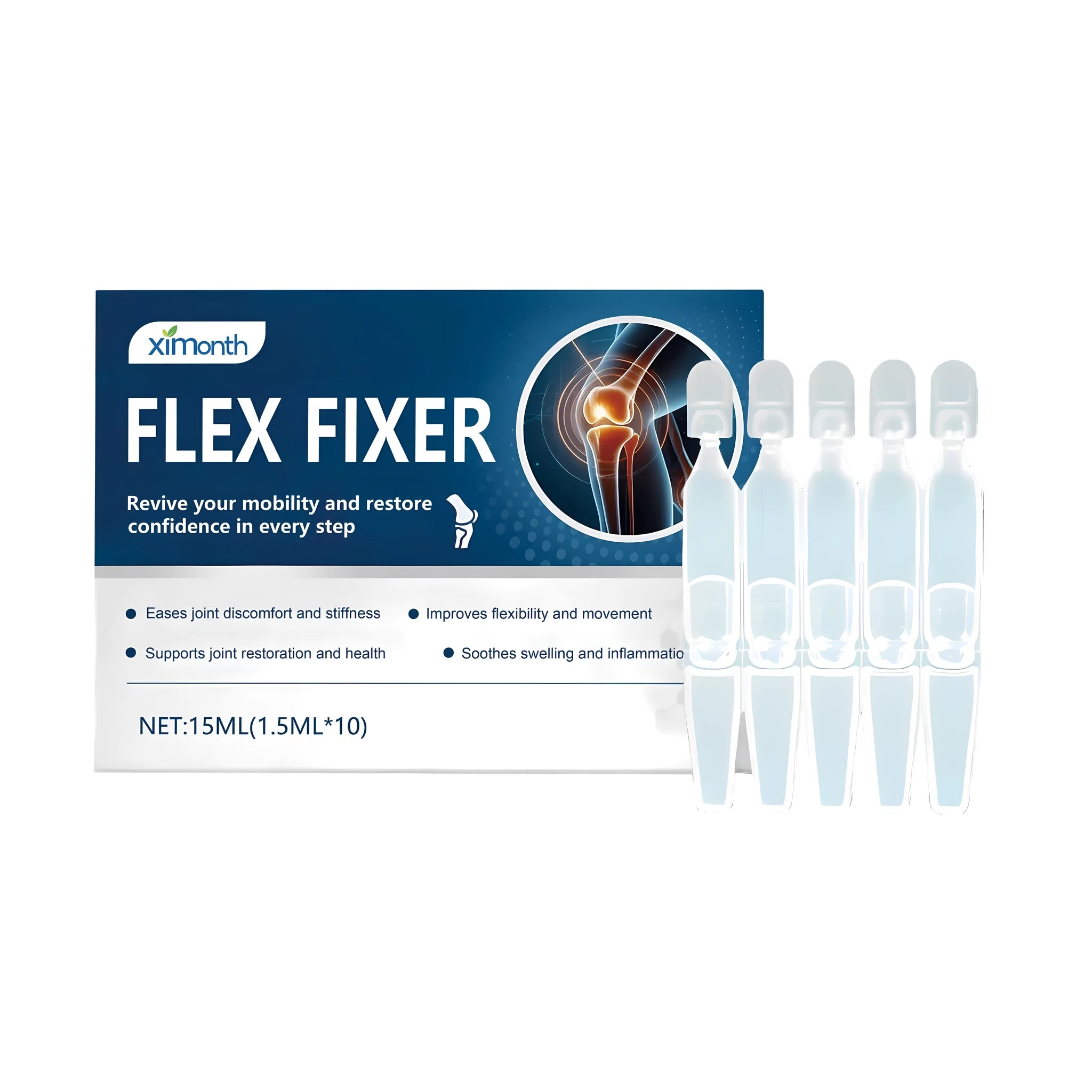 Flex Fixer 15ml bottle of herbal joint care solution with ten single-use 1.5ml vials containing menthol, arnica, and turmeric.