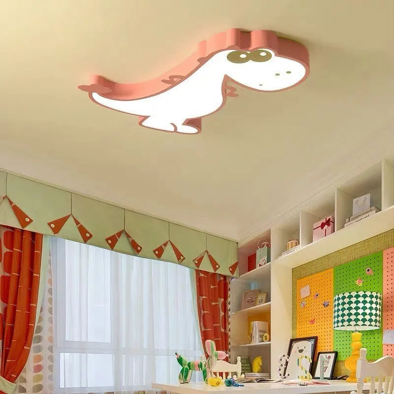 Green cartoon dinosaur ceiling light with PVC shade and aluminium body, 48cm diameter