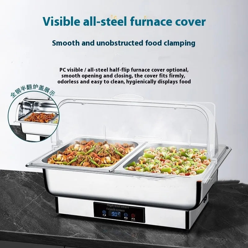Transparent electric buffet stove with stainless steel construction and LCD temperature display