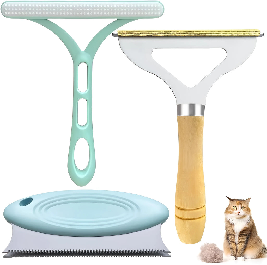 Three-piece pet hair remover set showing metal tool, silicone brush, and round ABS cleaner on a fabric surface.