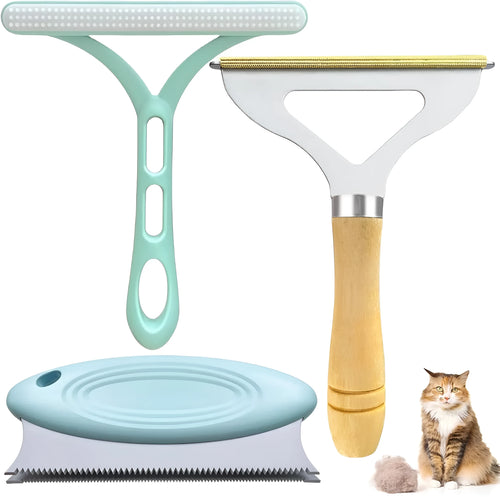 Three-piece pet hair remover set showing metal tool, silicone brush, and round ABS cleaner on a fabric surface.