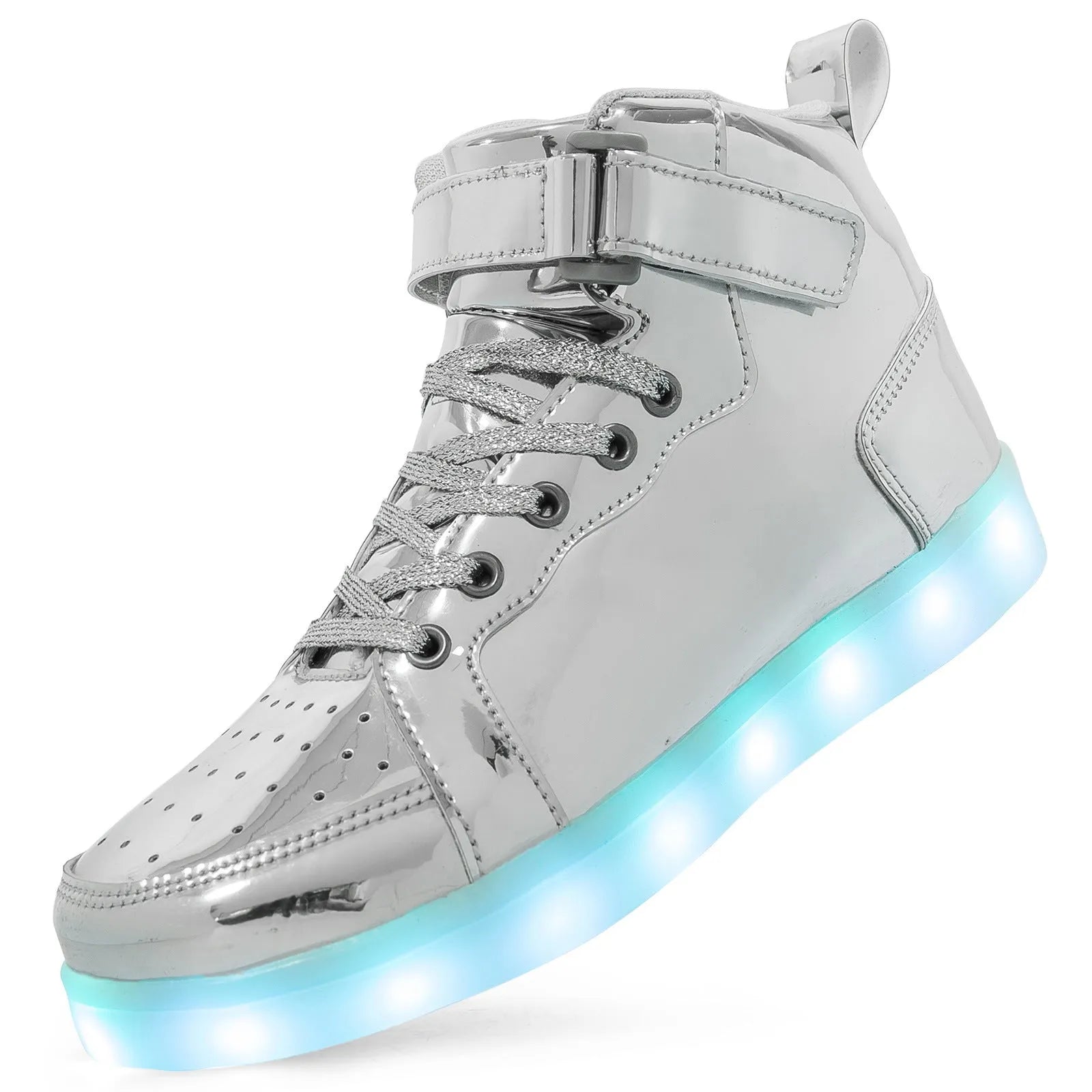 LED high-top sneakers with Velcro strap in black, gold, or white colour on rubber sole.