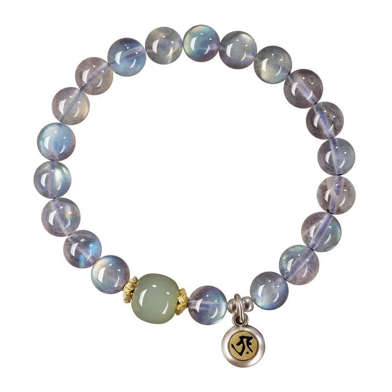 Moonstone Buddhist prayer beads bracelet with electroplated finish and Kwan-yin mouse design