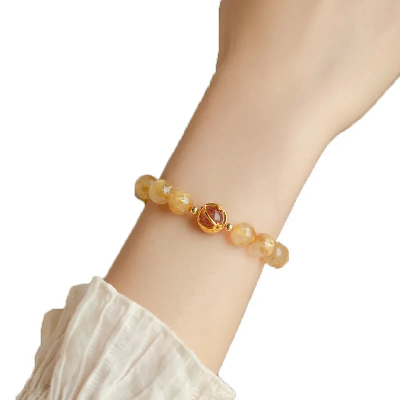 Citrine and gold rutilated quartz crystal bracelet with diamond-shaped beads in Korean style