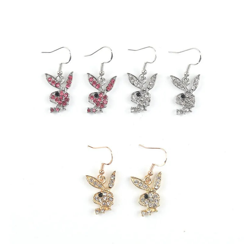 Rabbit stud earrings with full diamond design in silver, gold, or pink colour