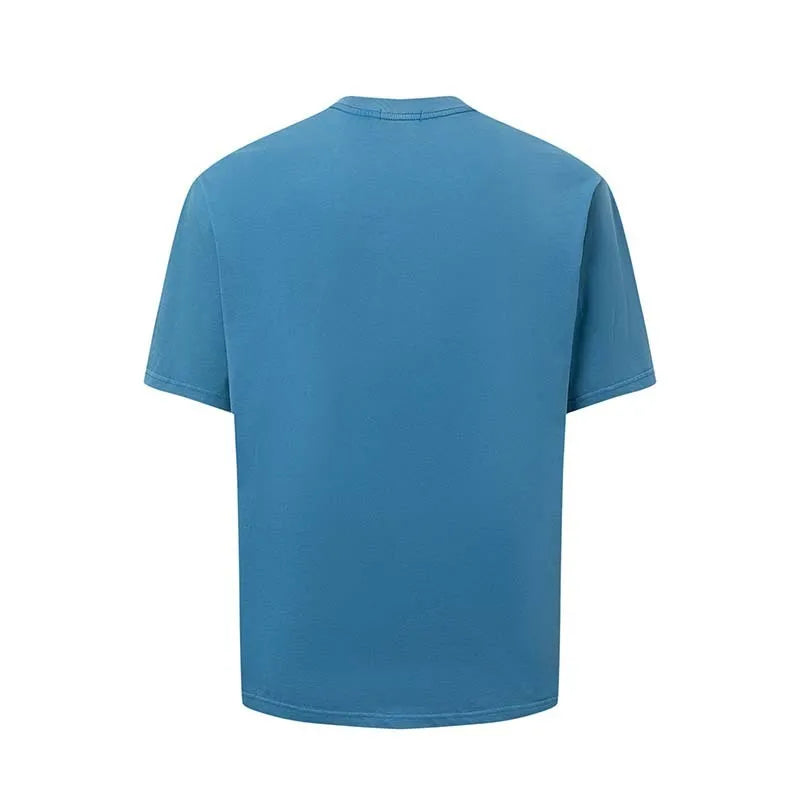 Men's blue American retro letter print cotton blend t-shirt with loose fit