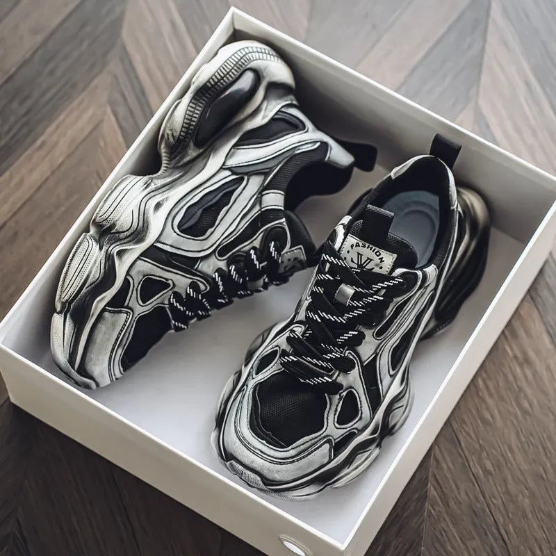 Men's black mesh sneakers with platform sole and sporty design features