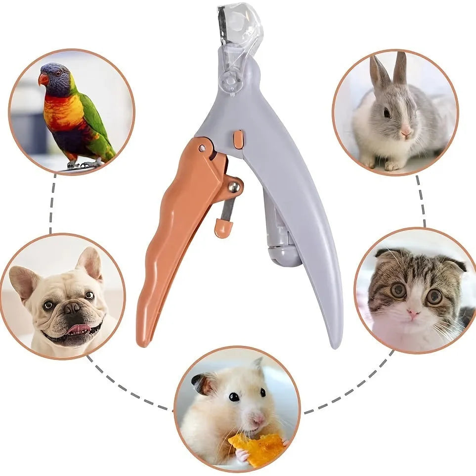 Yellow LED pet nail trimmer with magnifying glass, shown with four lights on and nail catcher.