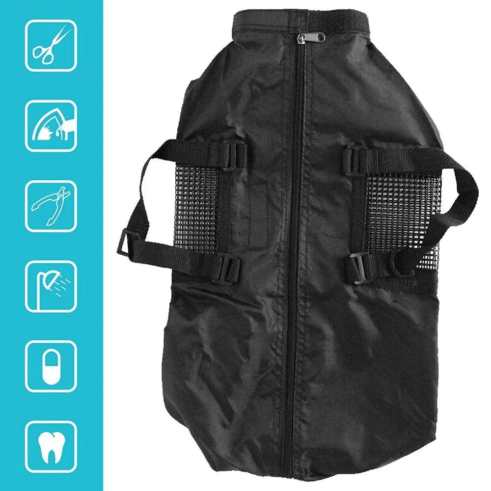 Black cat cleaning and washing bag made from 420D PU Oxford fabric, shown folded and unfolded.