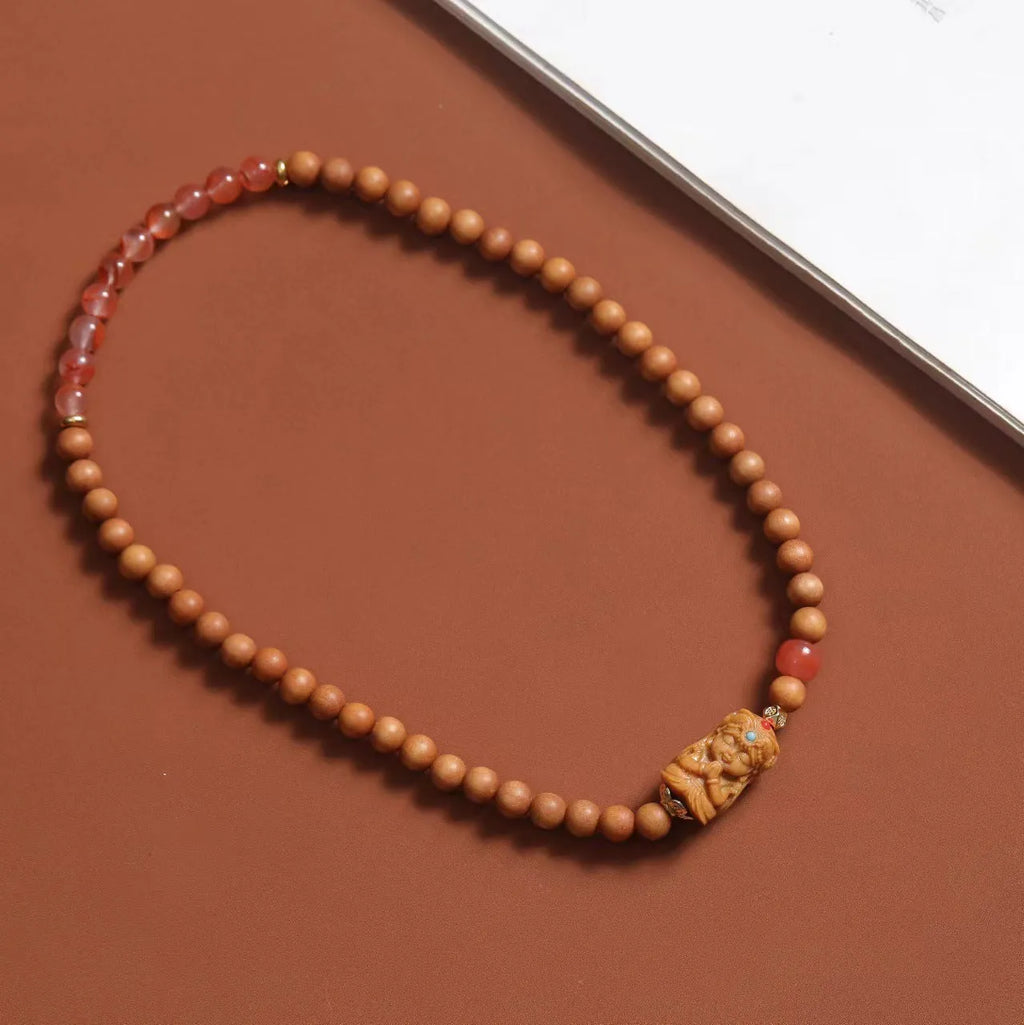 Traditional brown wooden Zachilam bracelet with woven 6mm beads and double circle design