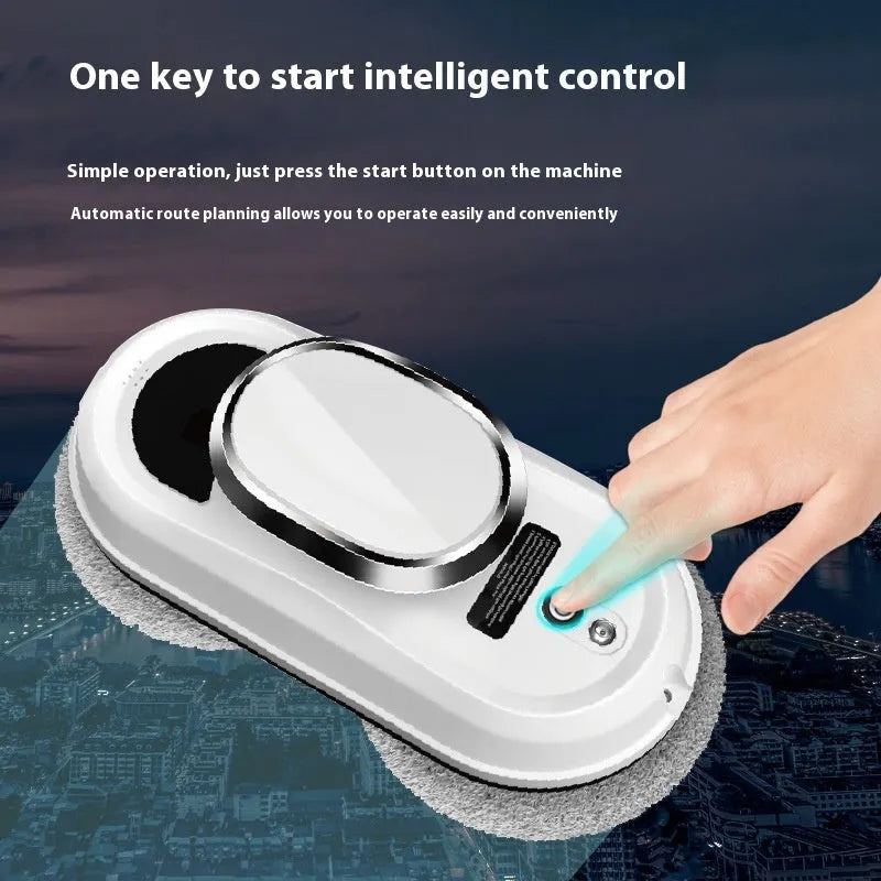 White full-automatic high altitude cleaning machine with remote control and cleaning accessories on a table