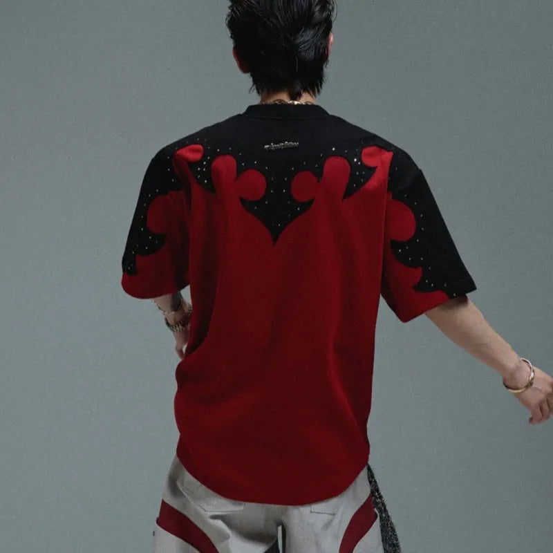 Men's grey cotton short sleeve shirt with burnt flower stitching and rhinestone details on the chest.