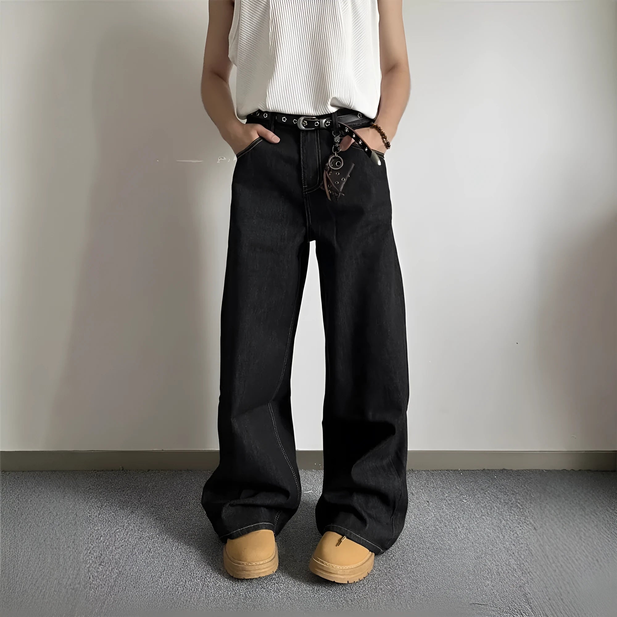 Retro black wide-leg jeans with straight-leg cut and mid waist design