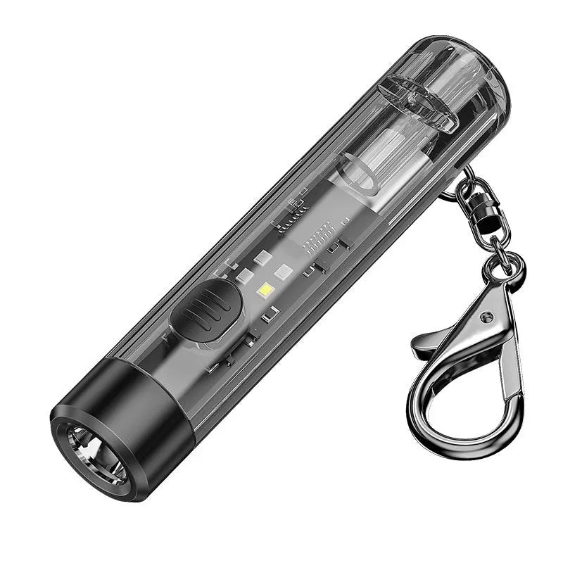 Black plastic portable outdoor flashlight with USB charging cable.