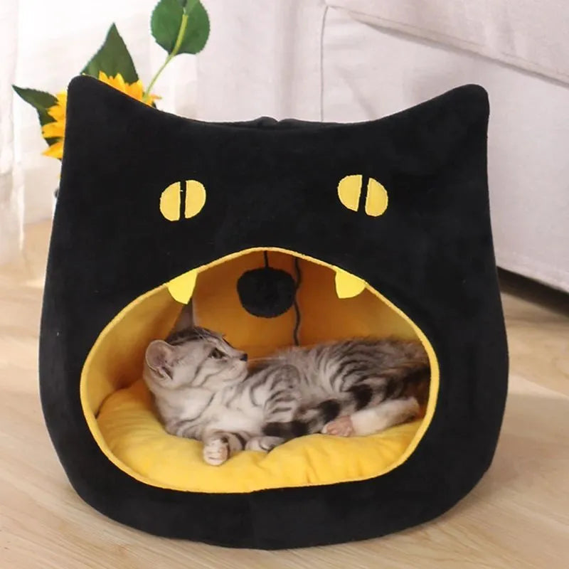 Cat-shaped covered pet bed with plush material and anti-slip bottom in two size options