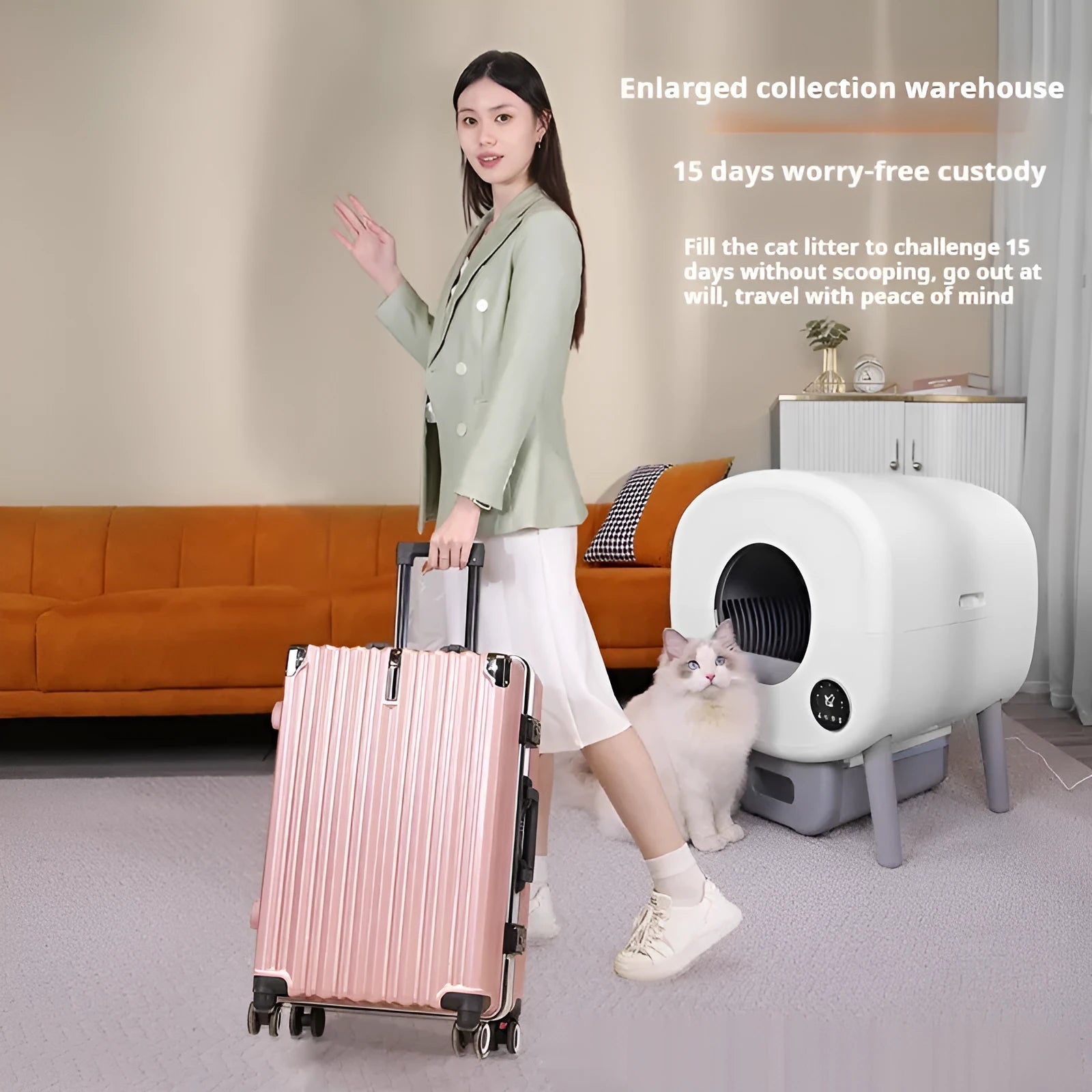 Automatic cat litter box with waste storage compartment and cleaning brush