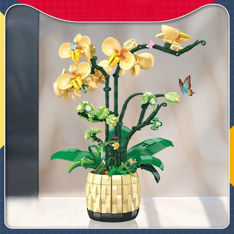 Assembled orchid potted decoration made from plastic building blocks in Jetstar 9067 style on a desk