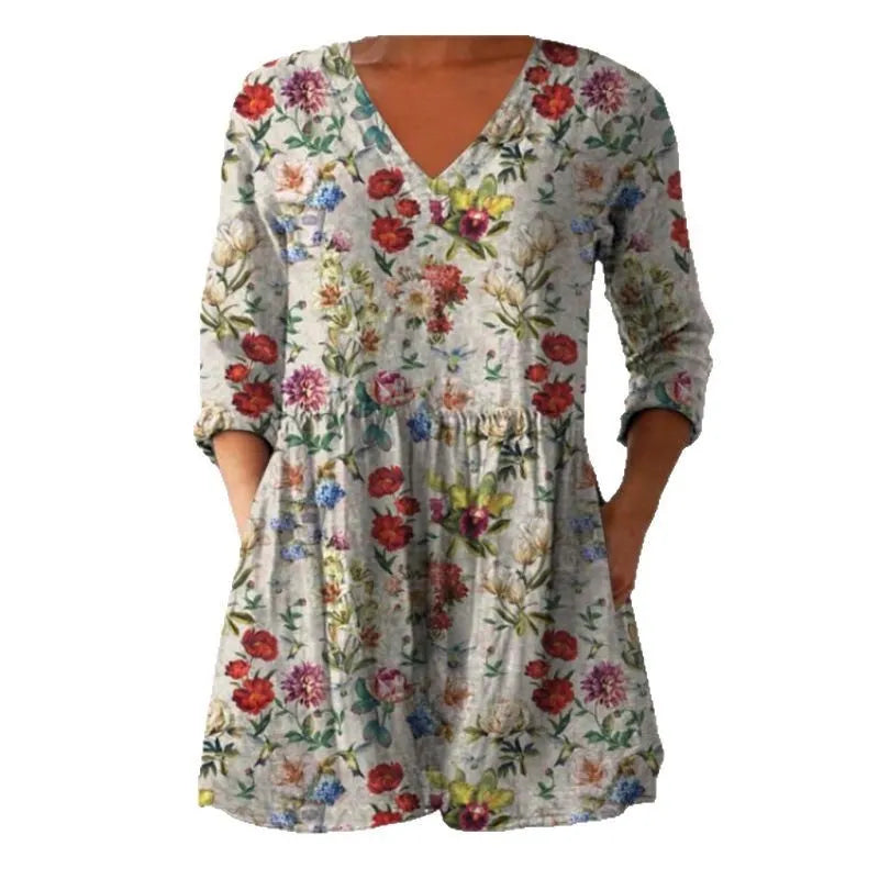 Women's printed wave pattern loose dress with 3/4 sleeves and wide waist