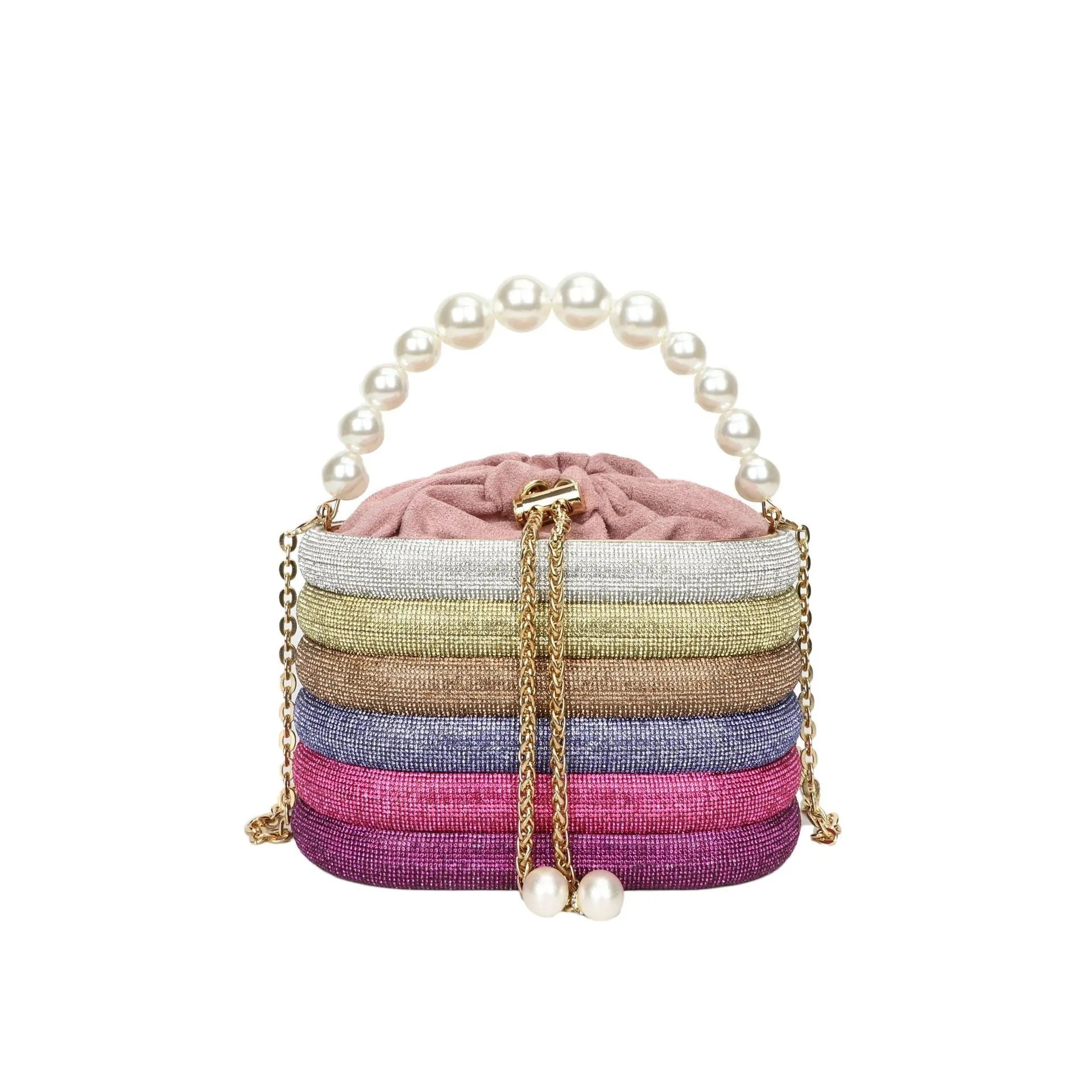 Women's European retro style crossbody bag with pearl bead embellishments and soft PU construction in round suitcase shape