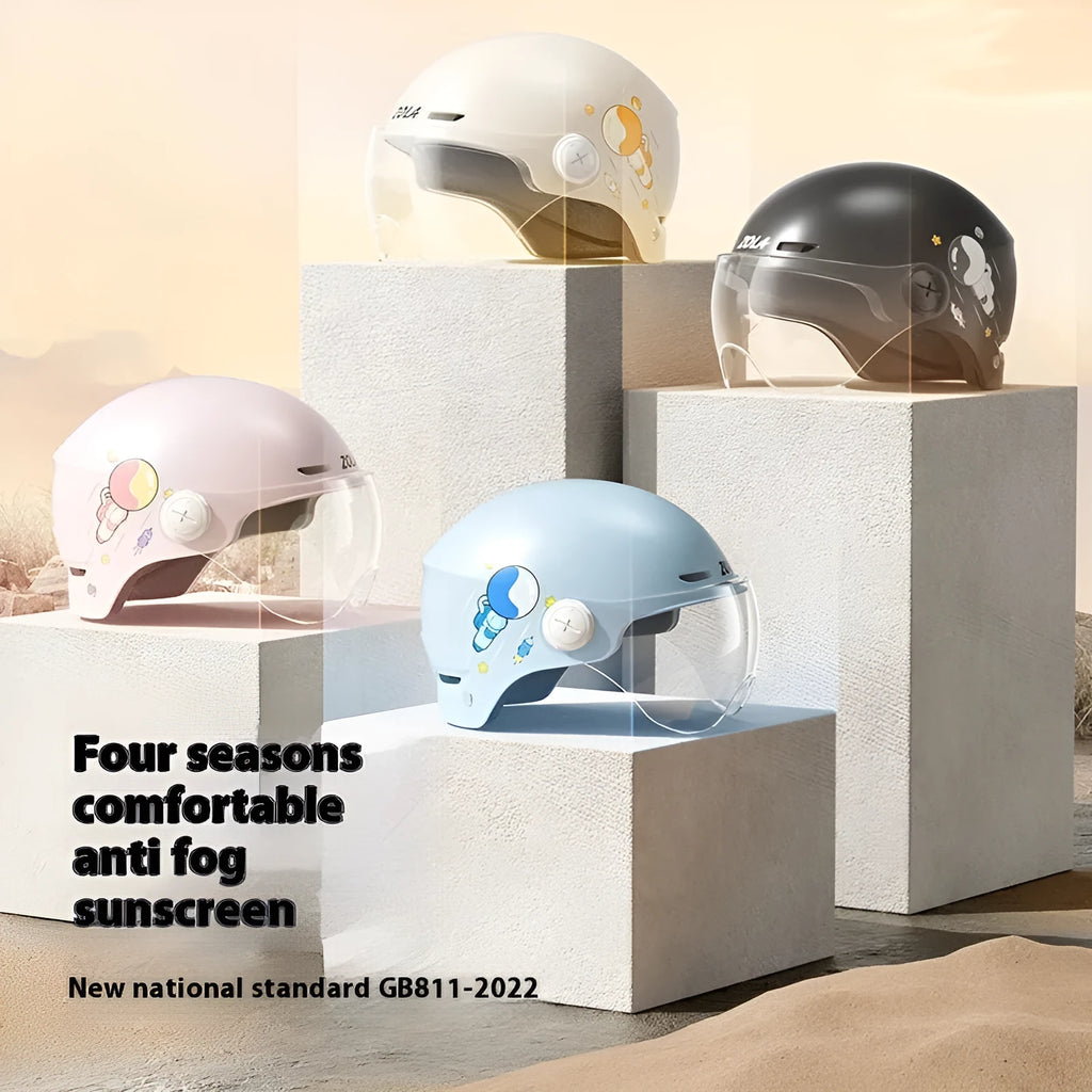 Electric motorcycle safety half helmet in khaki colour with mirrored lens showing free size adult fit