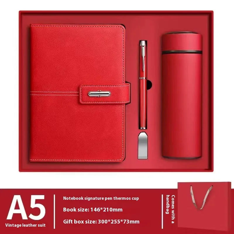 A5 size notebook with PU leather cover in various colours, showing wood-free paper inside.