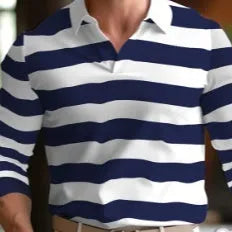 A man wearing a loose-fit long sleeve polo shirt with a button detail, available in various colours and sizes up to 6XL.