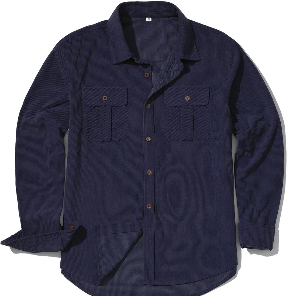 Men's loose fit corduroy shirt in army green colour with long sleeves and retro styling