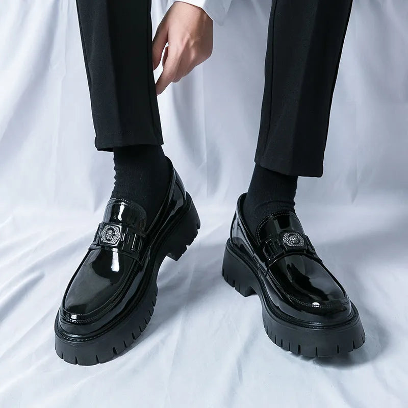 Men's glossy black platform loafers with hidden heel for summer wear