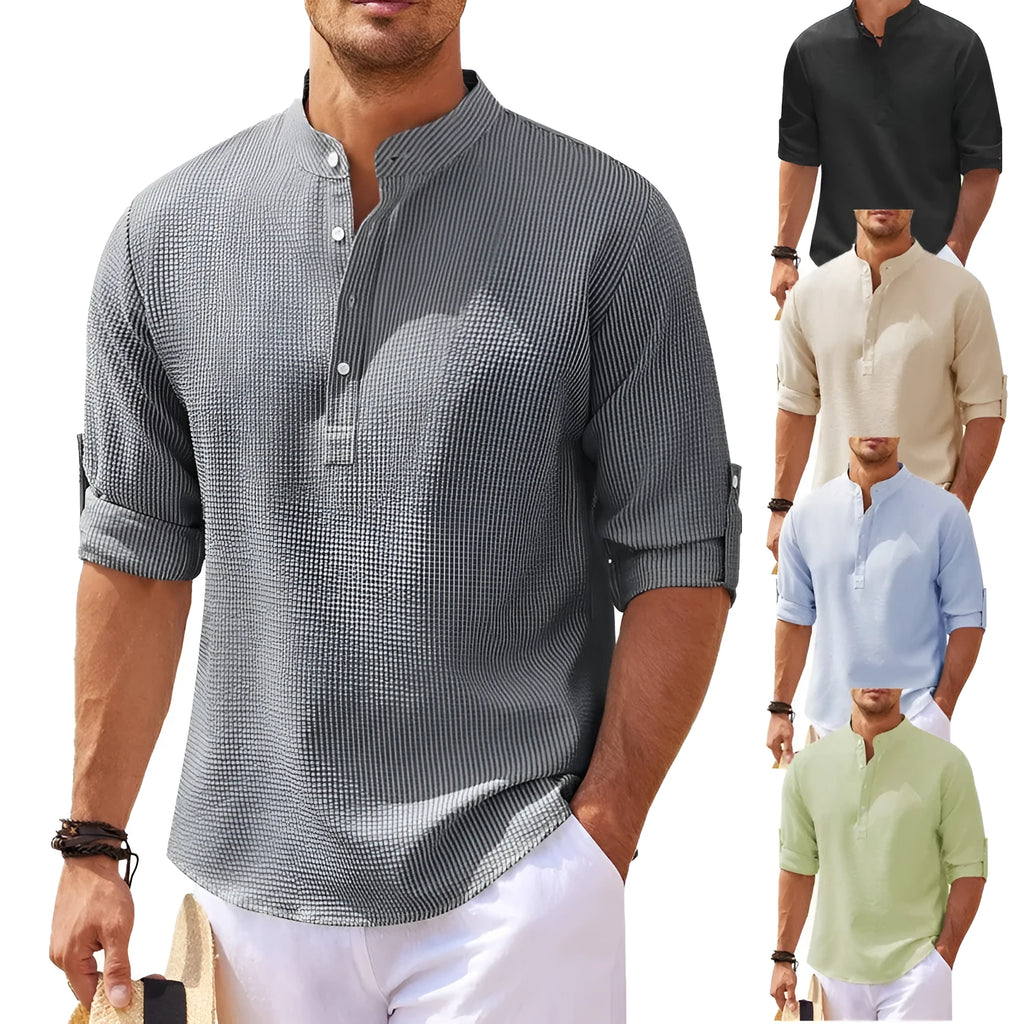 Men's casual stand collar pullover shirt with pineapple texture in polyester, eight colour options, loose fit