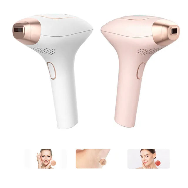 Pink and white three-in-one ice-sensing laser hair removal device with shaver attachment and glasses