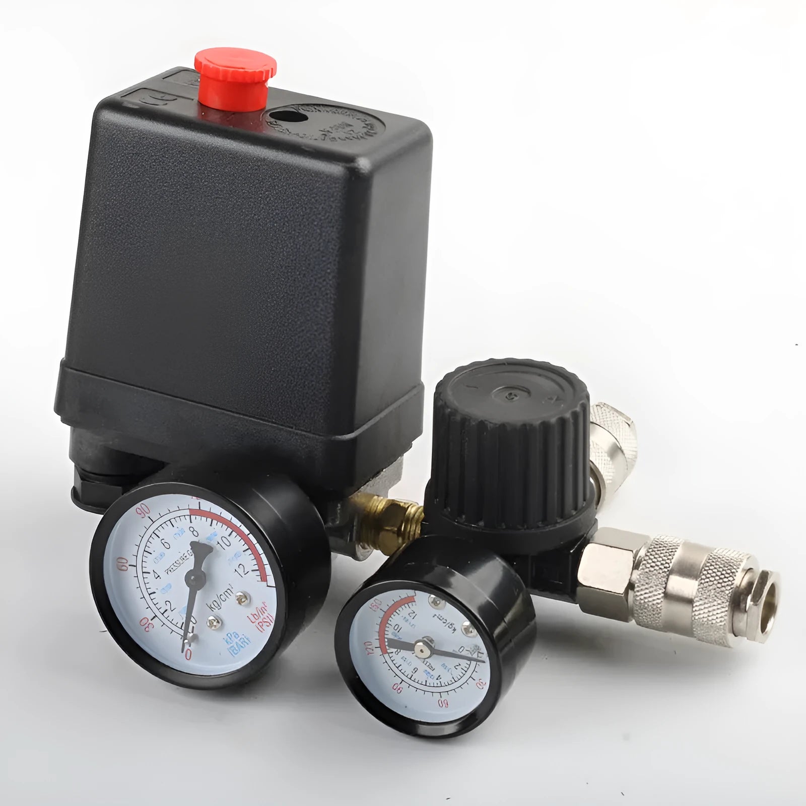 Air compressor pressure switch with gauge, 12MM connector, and adjustment dial for 0.5-0.8 MPA range.