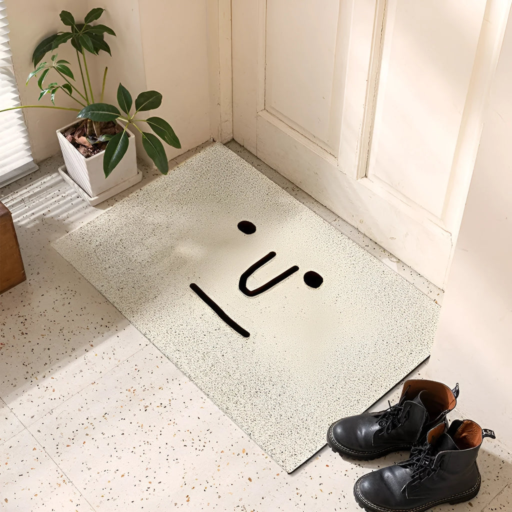 Square cartoon geometric pattern floor mat in Mr. Big Nose colour on a home floor.