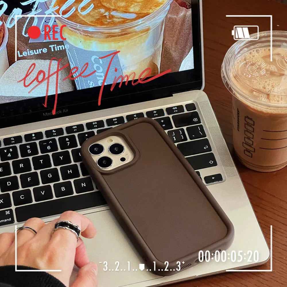Frosted skin-feel silicone iPhone case showing textured surface and full-cover design