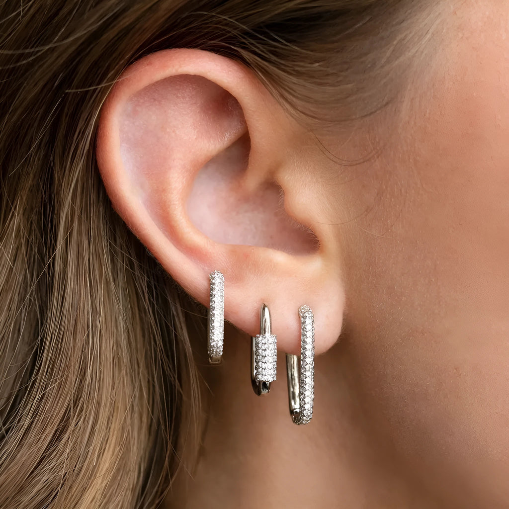 Geometric square ear clip set with micro inlaid zircon stones in gold and white k tones
