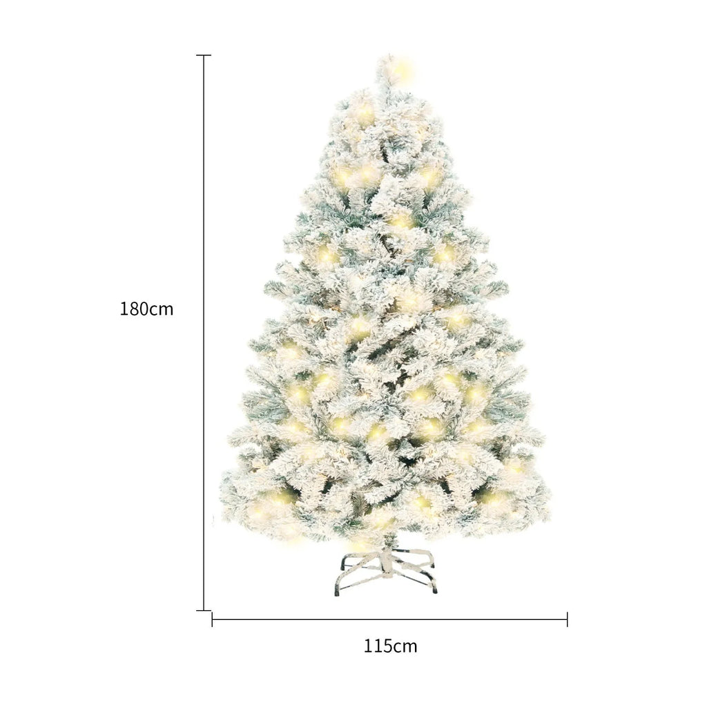 PVC artificial snow-covered Christmas tree on a metal stand, shown in green and white colour.
