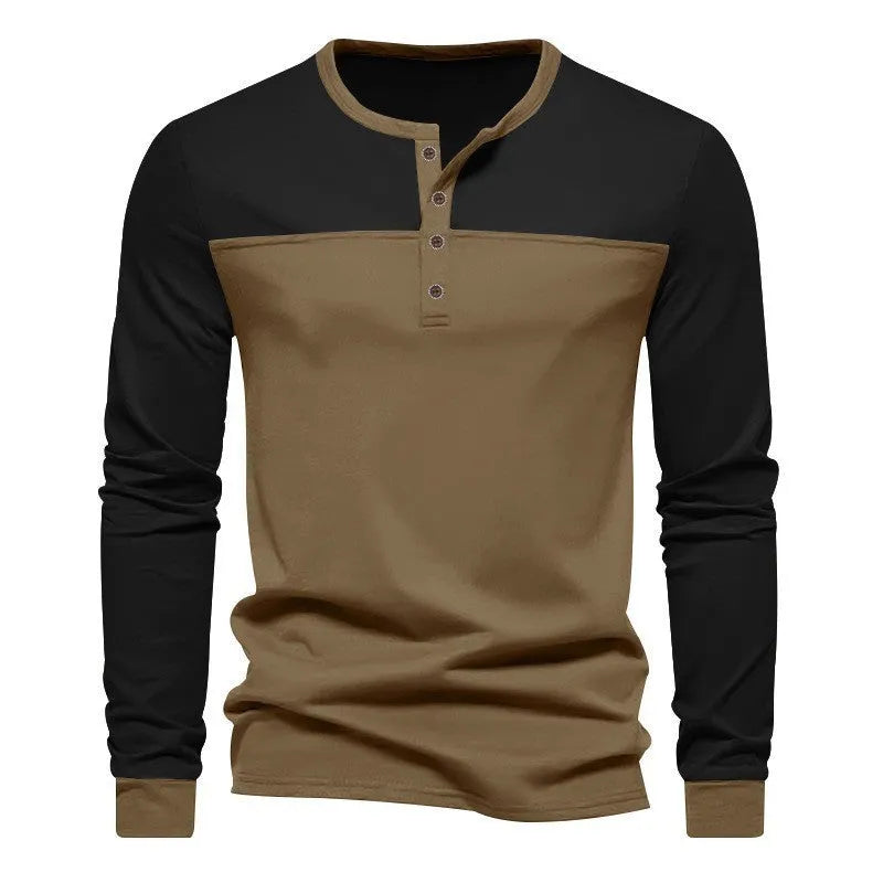 Men's solid colour long-sleeve casual shirt with a henley collar, shown in a brown tone.