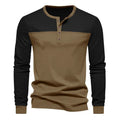 Men's solid colour long-sleeve casual shirt with a henley collar, shown in a brown tone.