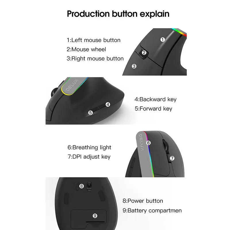 M618C black and white vertical ergonomic wireless computer mouse with RGB lighting