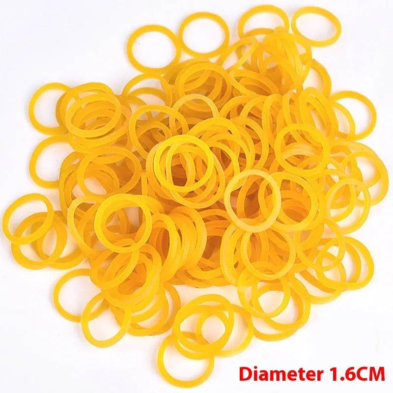 500g pack of yellow rubber bands showing various diameters from 16mm to 70mm