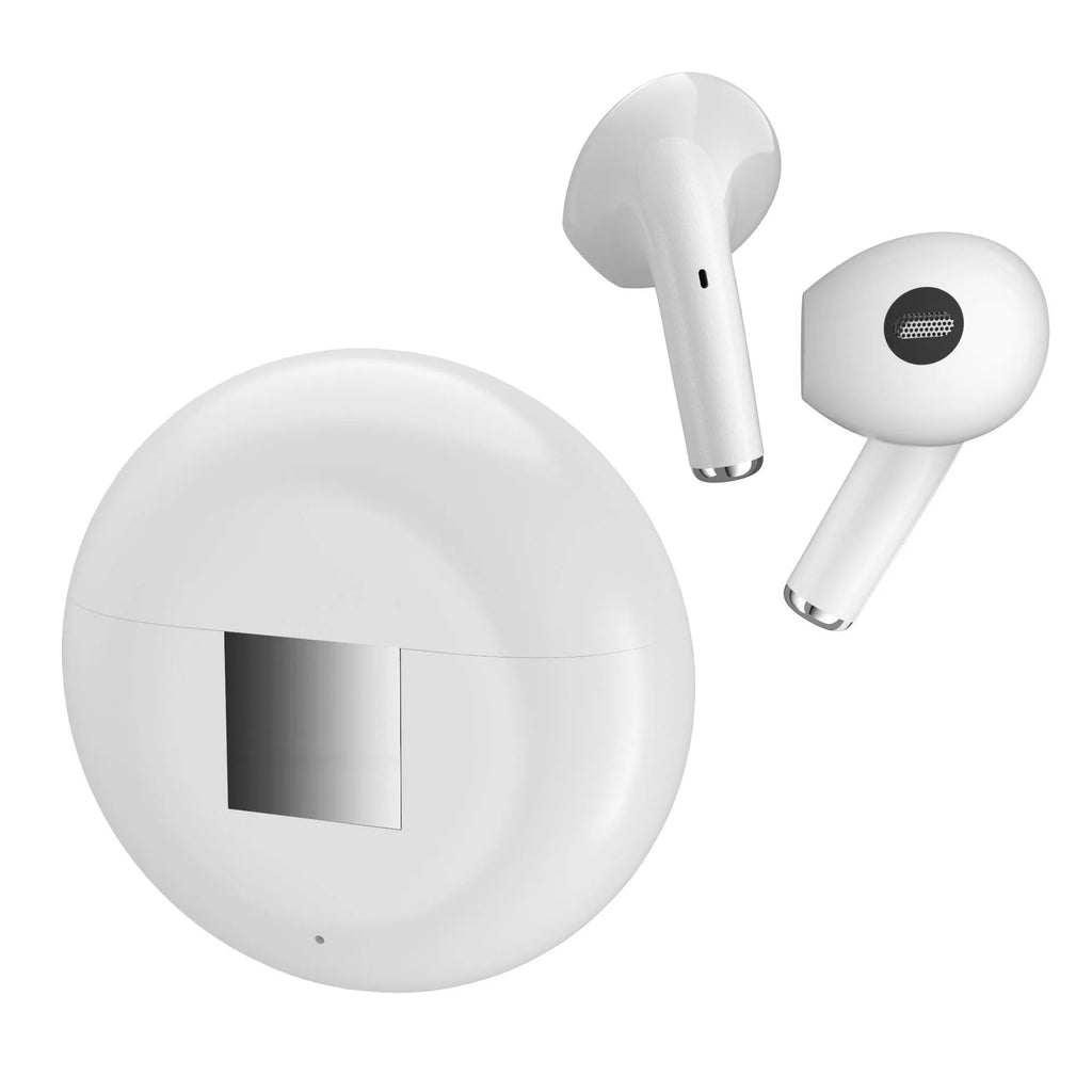 White Budz5 wireless Bluetooth earbuds with charging case on a table.
