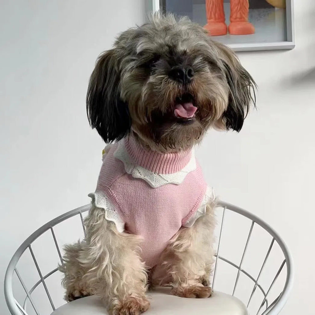 Green knitted dog sweater with floral pattern, shown next to a size chart for XS, S, M, L, and XL.