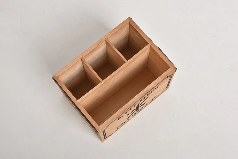 Wooden kitchen storage box with divider grid for knives forks chopsticks