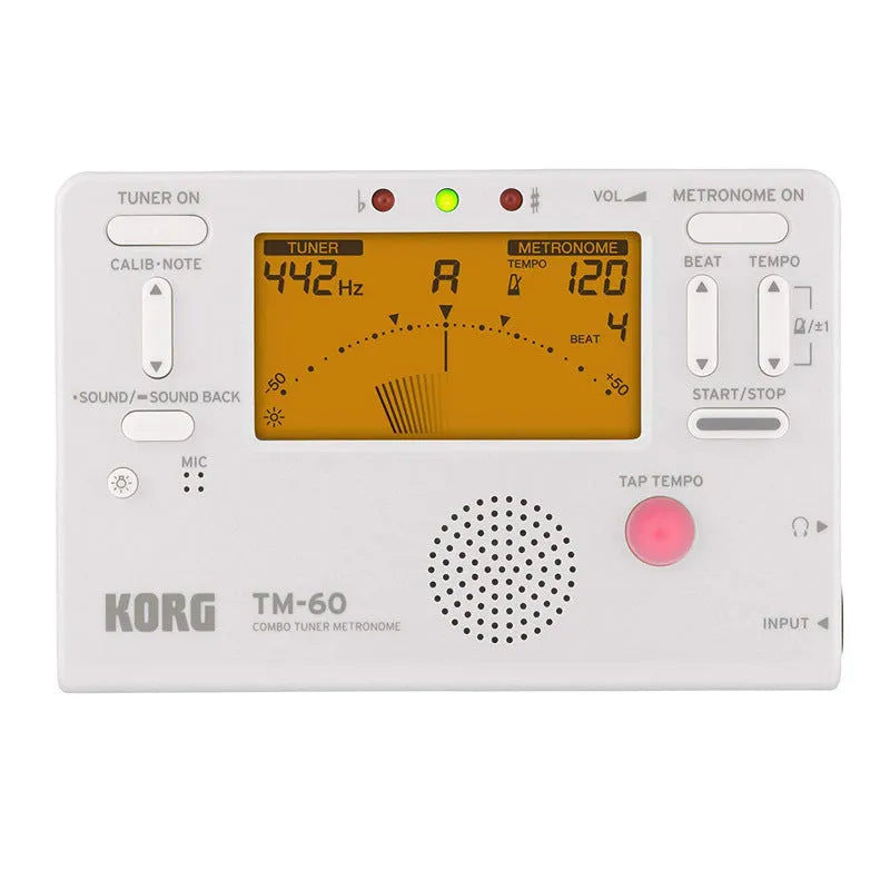 TM-60 black and white metronome tuner with digital display showing BPM and rhythm settings