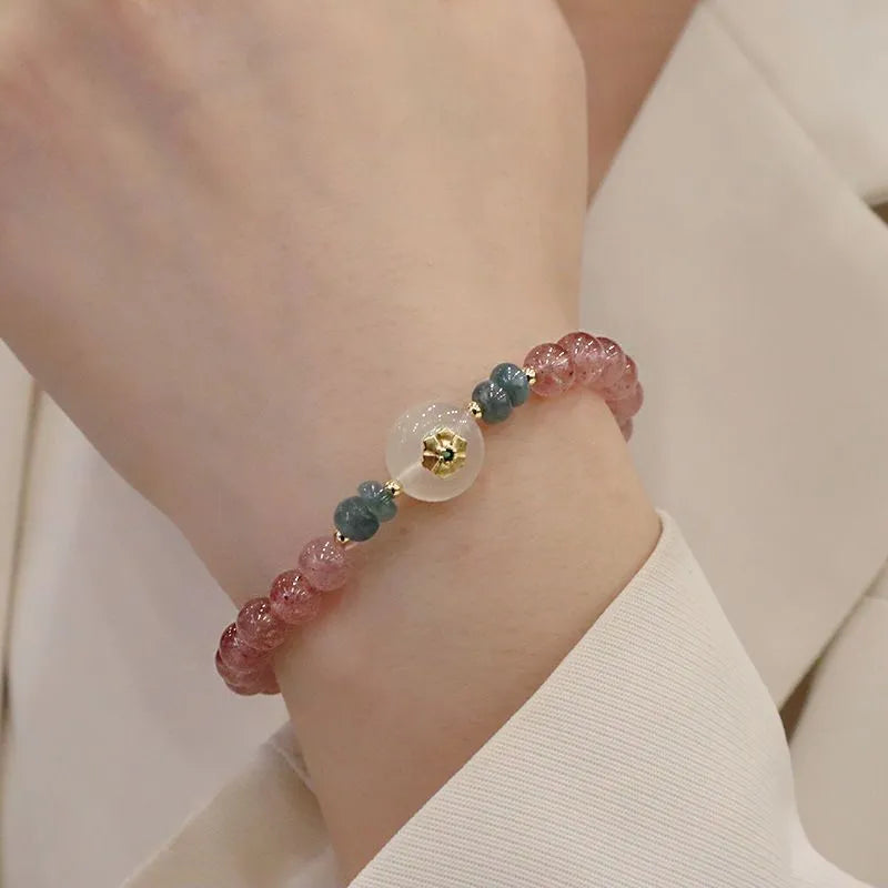 Strawberry quartz and blue water emerald bracelet with round jade pendant in new Chinese style