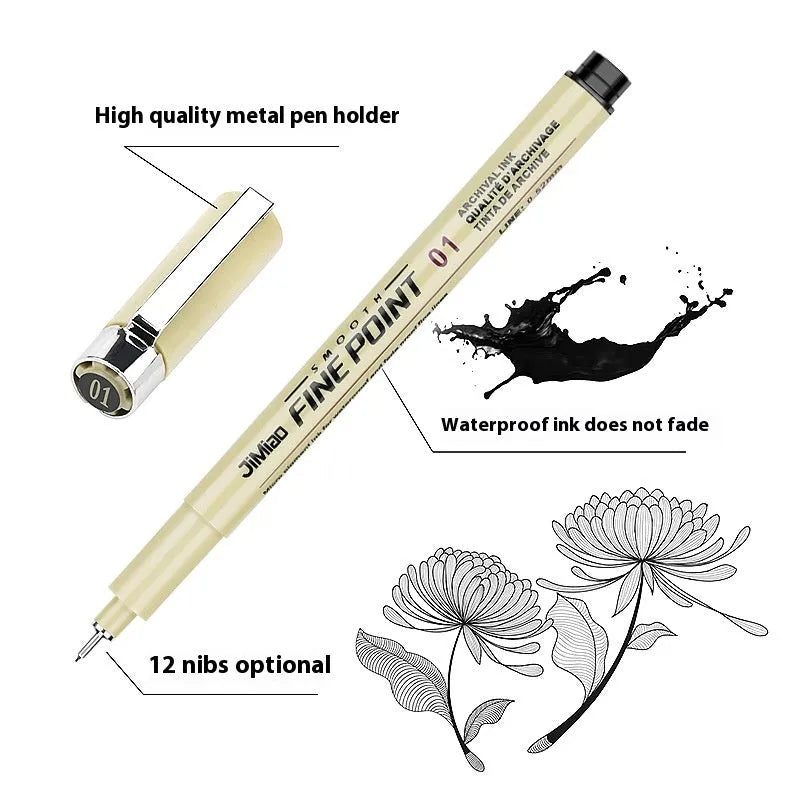 Waterproof needle pen with black ink and hook line art cartoon design on 133mm plastic body