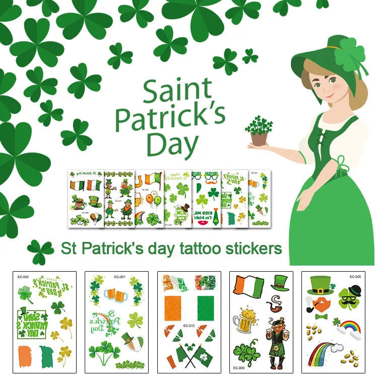 Irish festival tattoo sticker paper with St. Patrick's Day clover design measuring 120 × 75mm